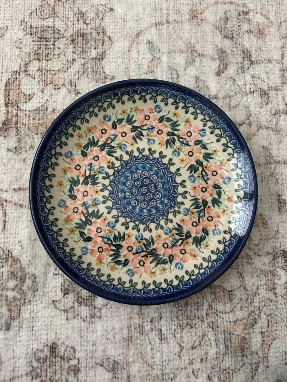 Handmade Polish Pottery Ceramic plate ceramika artystyczna plate Blue Pinkfloral